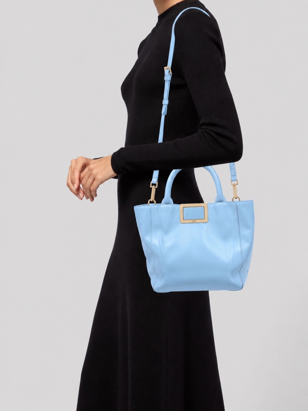 Roger Vivier Sky Blue Leather Shoulder Tote with Gold Plaque
